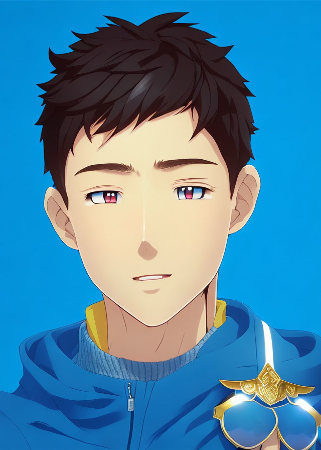 Brown-haired male anime character with heterochromia eyes in blue jacket and golden pin