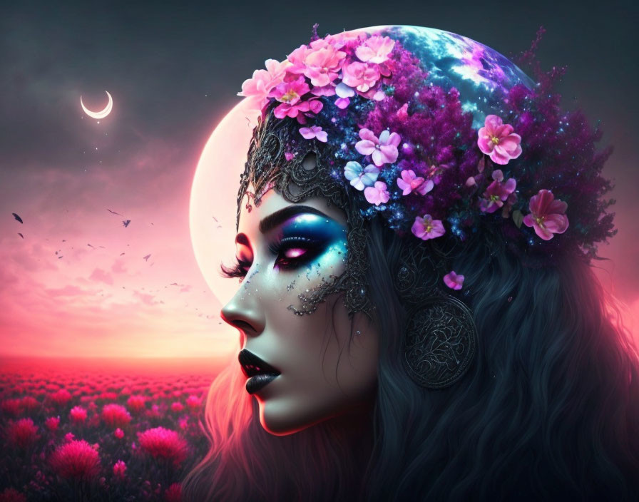 Fantasy female profile with cosmic headpiece and crescent moon background