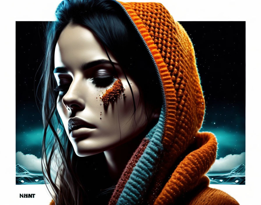 Dark-haired woman in orange hoodie with tear-like sparkles under eye on starry night sky background