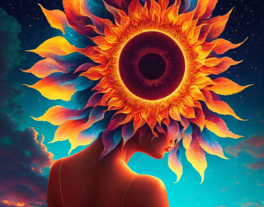 Person's silhouette against vibrant sky with sunflower eye halo