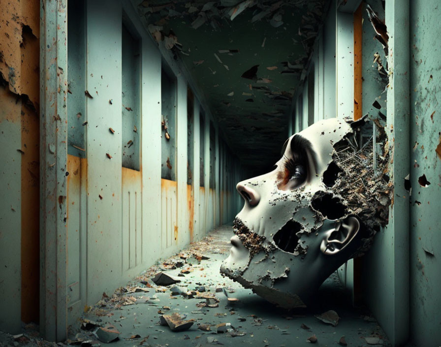 Surreal artwork: Woman's face disintegrating in corridor