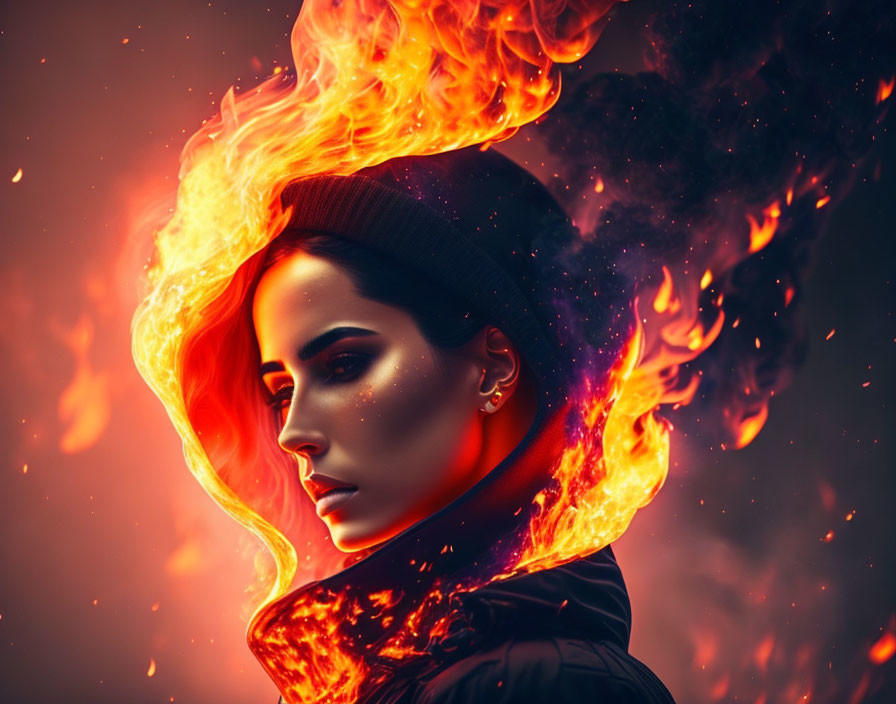 Digital artwork: Woman with flames hair on dark fiery background