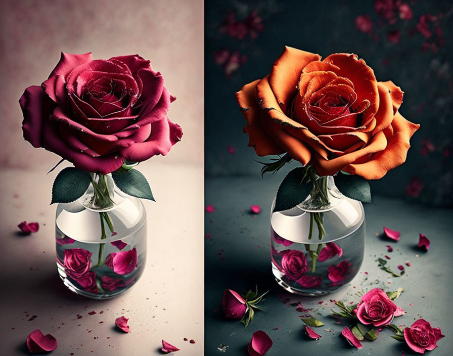 Red and orange roses in vases with scattered petals.