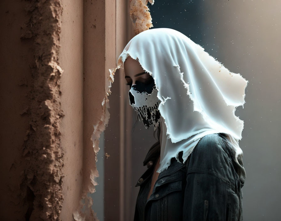 Person in denim jacket with white hood digitally altered to show disintegrating face.