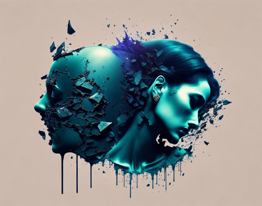 Abstract digital artwork of woman's face in teal and blue hues