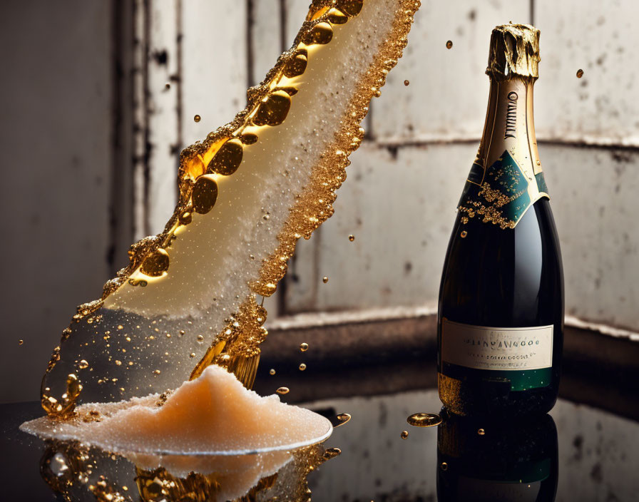 Celebratory champagne bottle with popping cork and splashing liquid