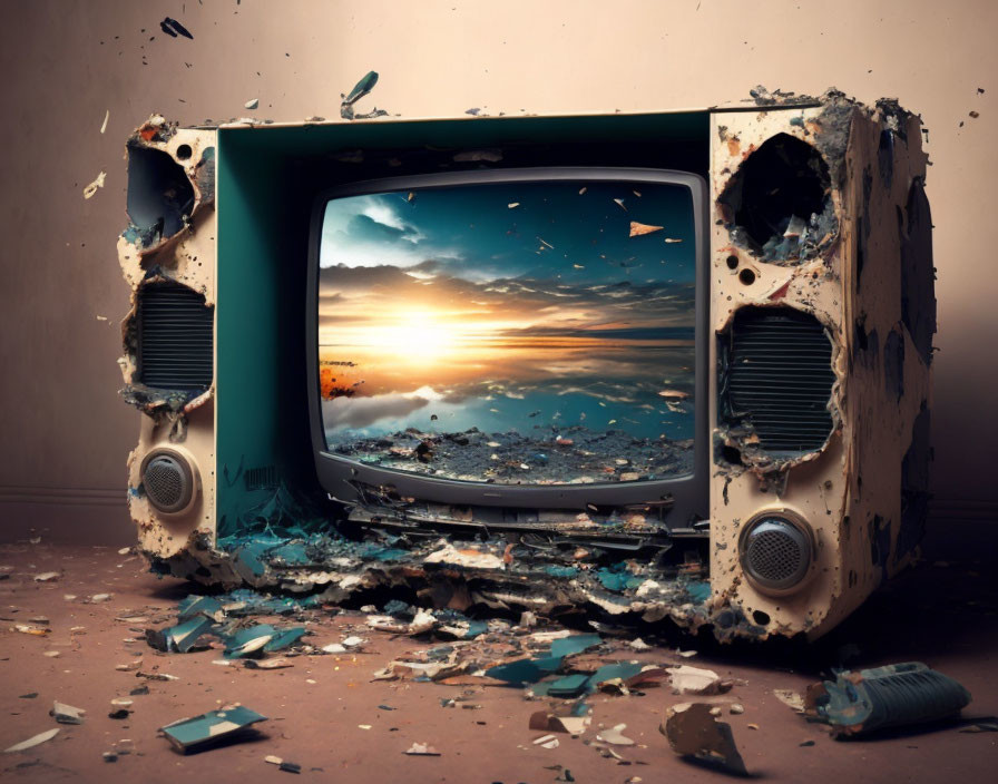 Vintage TV displays sunset scene amidst debris & holes.