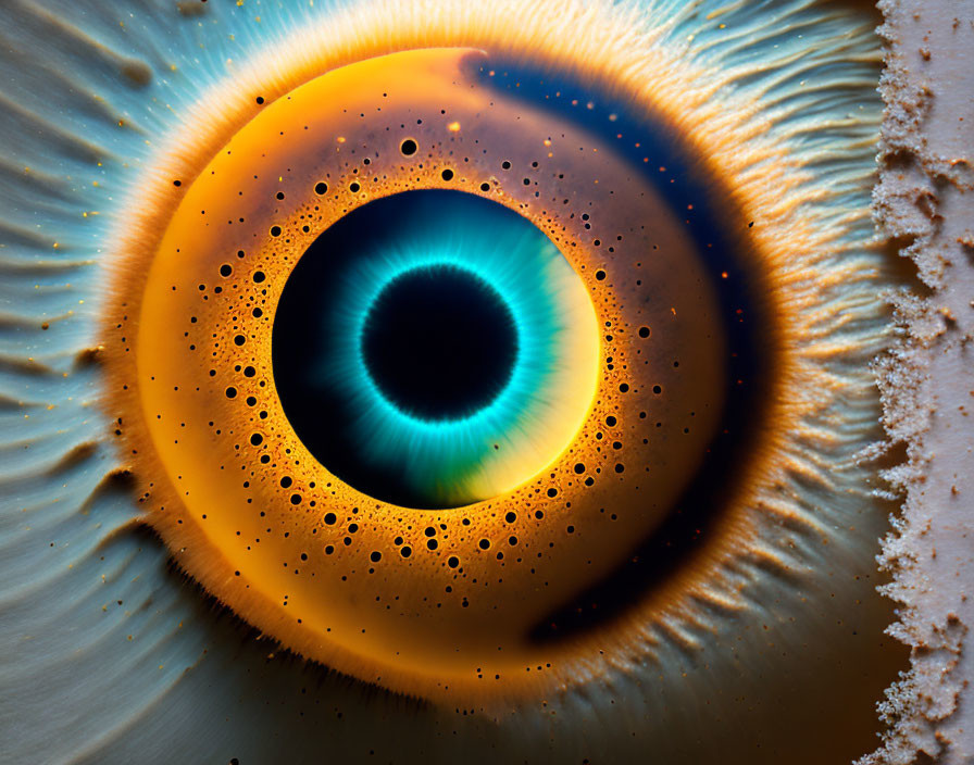 Vivid blue and brown iris close-up with textured surface