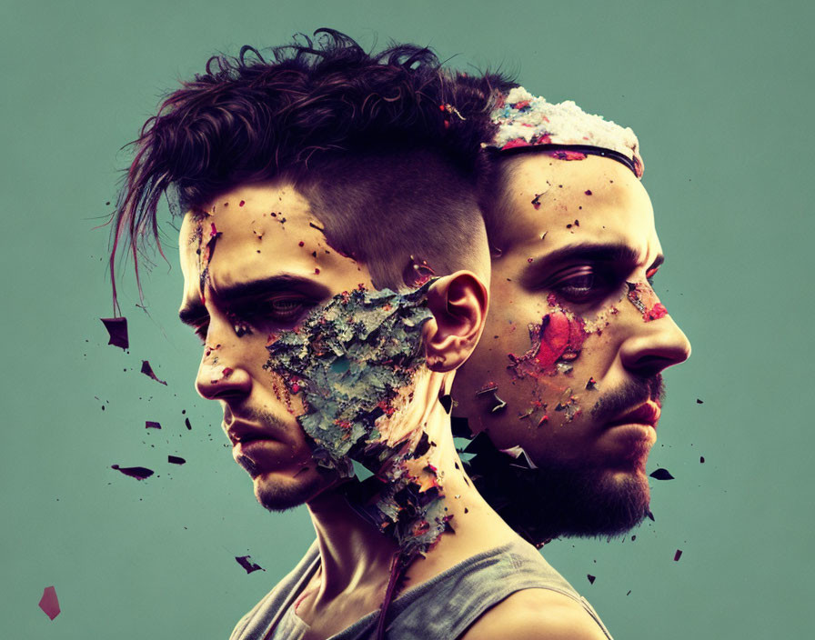 Male figures with shattering effects on faces on teal background