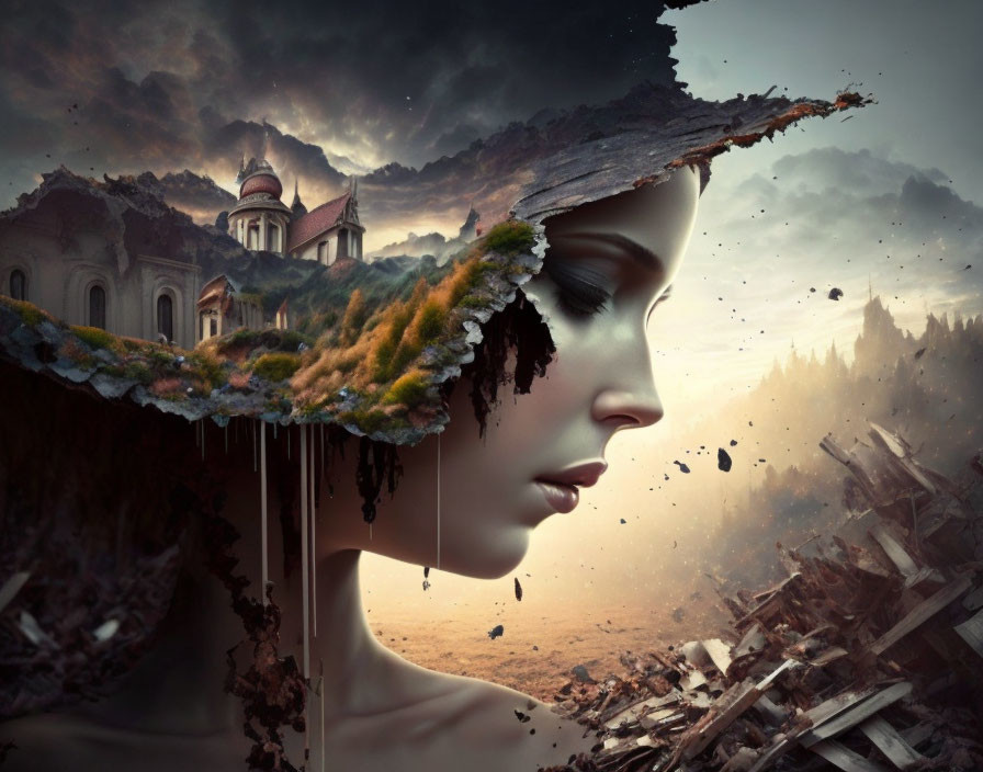 Surreal image: Woman's profile merges with ruins, forests, temple, floating debris, and