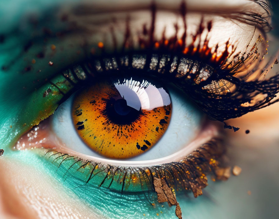 Detailed Close-Up of Hazel Eye with Green Eyeshadow and Black Eyeliner