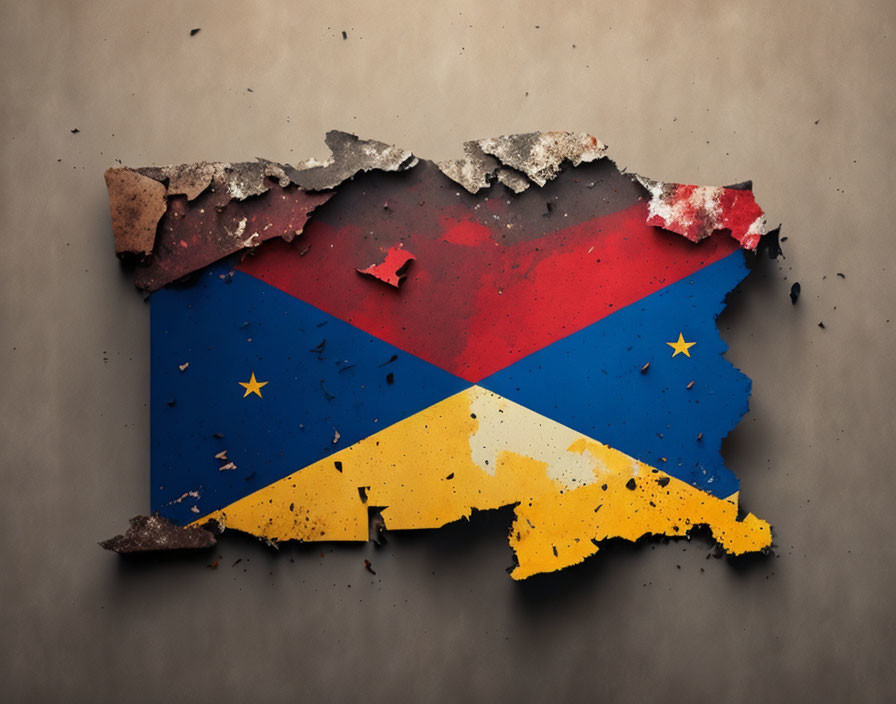 Country map with red, blue, yellow flag and star design on tattered background