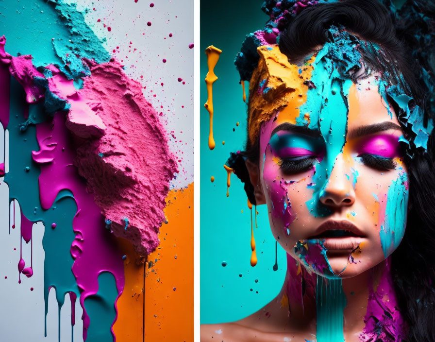 Colorful paint dripping beside woman with matching makeup