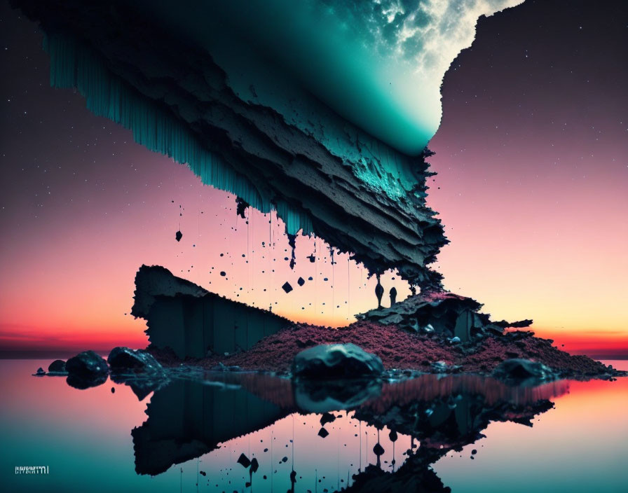 Surreal landscape: levitating landmass, dripping stalactites, reflective water.