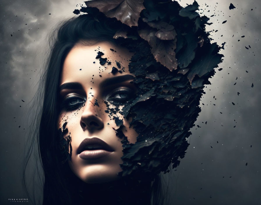 Dark Makeup Woman's Face Blends with Swirling Leaves