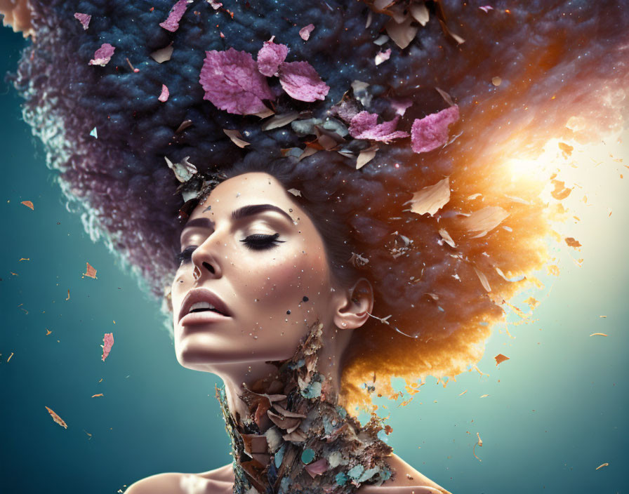 Profile of woman with swirling hair of petals, leaves, and fiery elements on cool backdrop