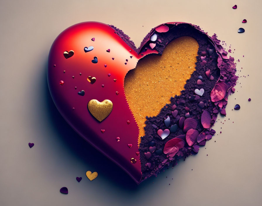 Heart-shaped digital artwork with red and gold design and tiny hearts around