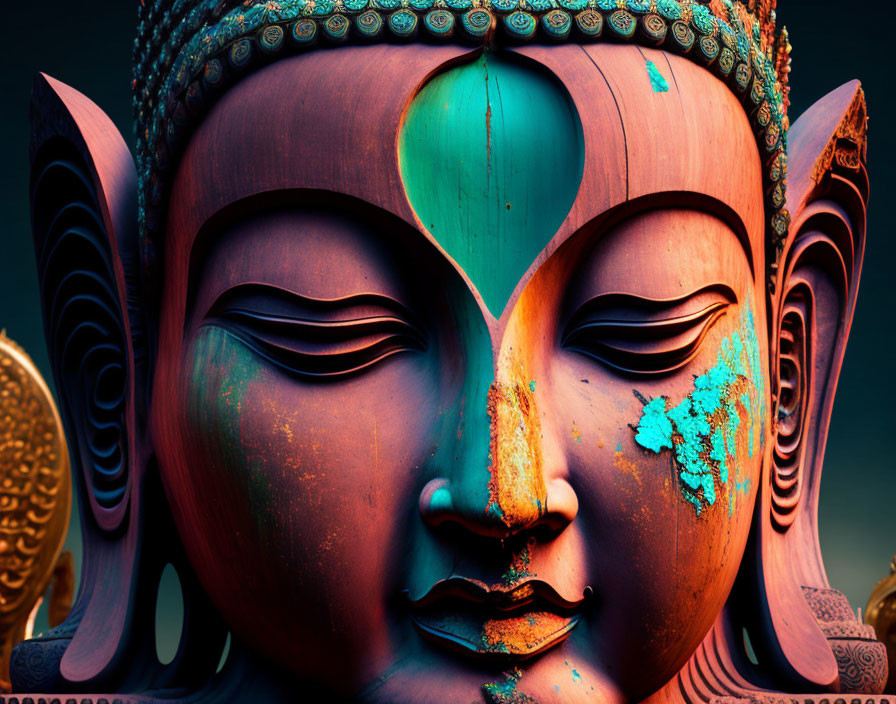 Weathered Buddha statue with intricate designs and serene expression