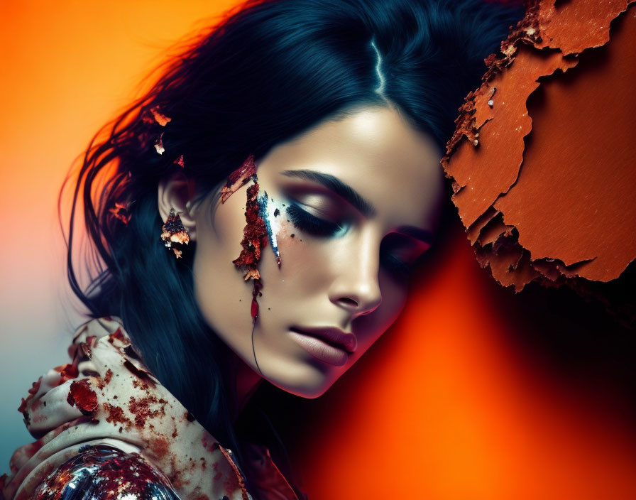 Dark-haired woman with artistic makeup on orange cracked backdrop