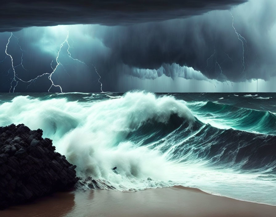 Stormy sea with towering waves and lightning bolts in dark sky