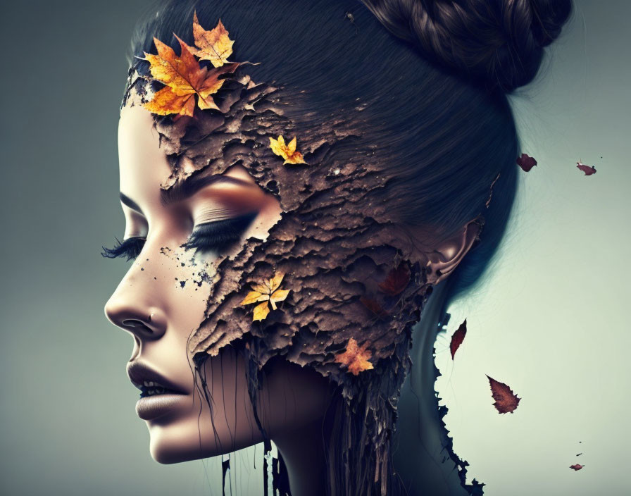 Surreal portrait of woman with face covered by earth and leaves