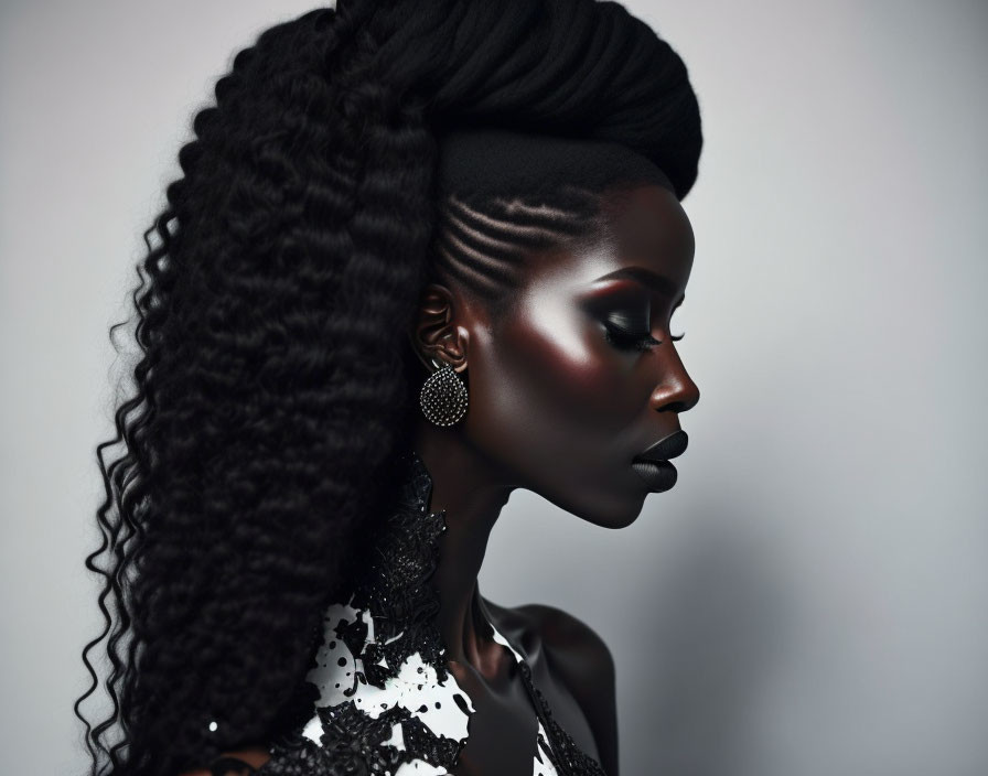 Elaborate braided hair and bold makeup portrait on grey background