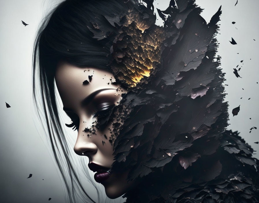 Digital artwork of woman with side profile, face obscured by disintegrating dark feathers.