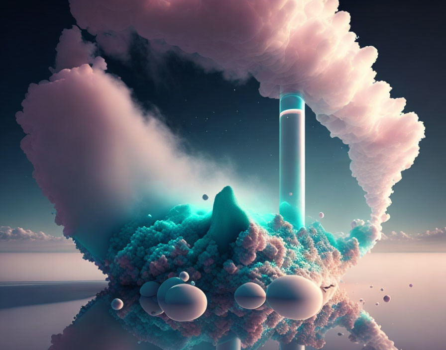 Surreal landscape with glowing turquoise pillar and pink clouds