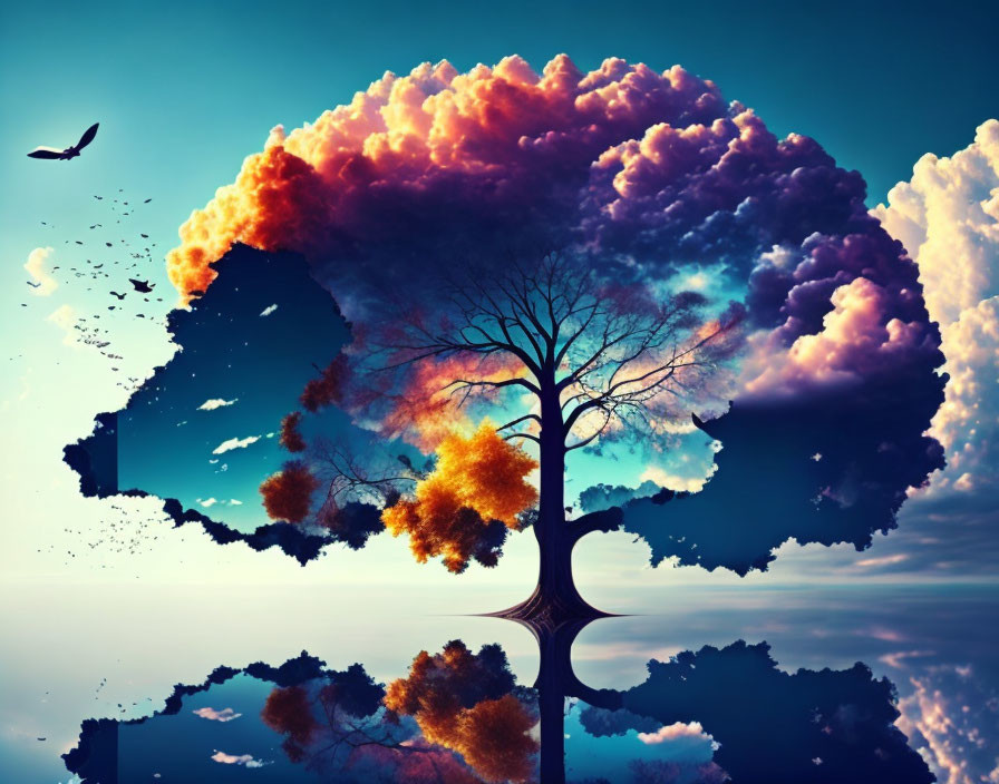 Colorful tree crown mirrored in water with bird in flight against blue sky