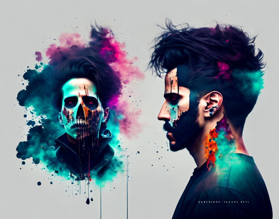 Skull-inspired artistic makeup on two people amid vibrant splattered colors