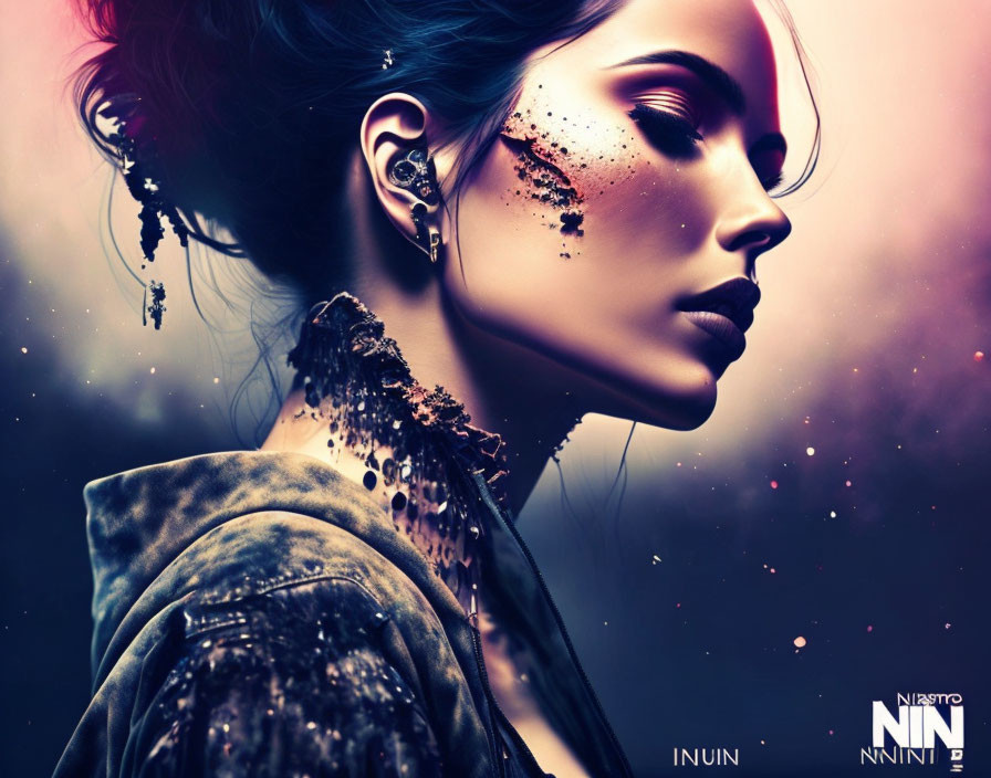 Portrait of Woman with Glitter Makeup in Cosmic Background