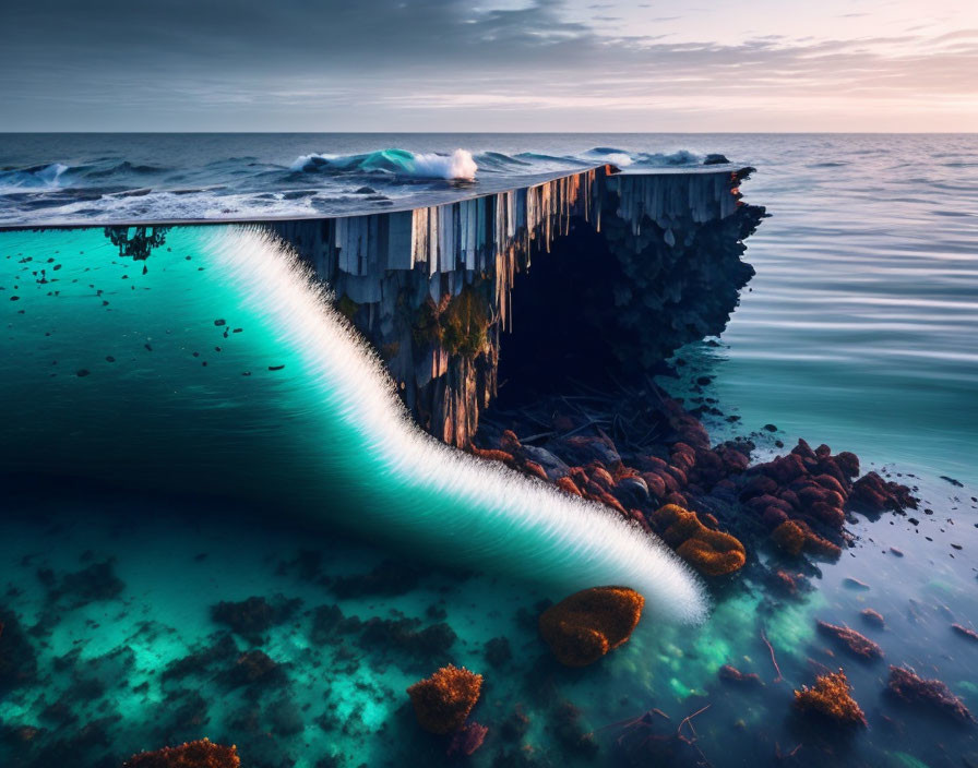 Tranquil seascape: Clear water, rocks, waterfall, rugged cliff at sunset