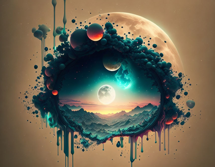 Surreal landscape with celestial bodies and moonlit mountains