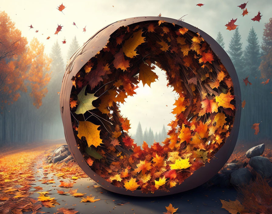 Circular autumn leaf tunnel with forest background and falling leaves.