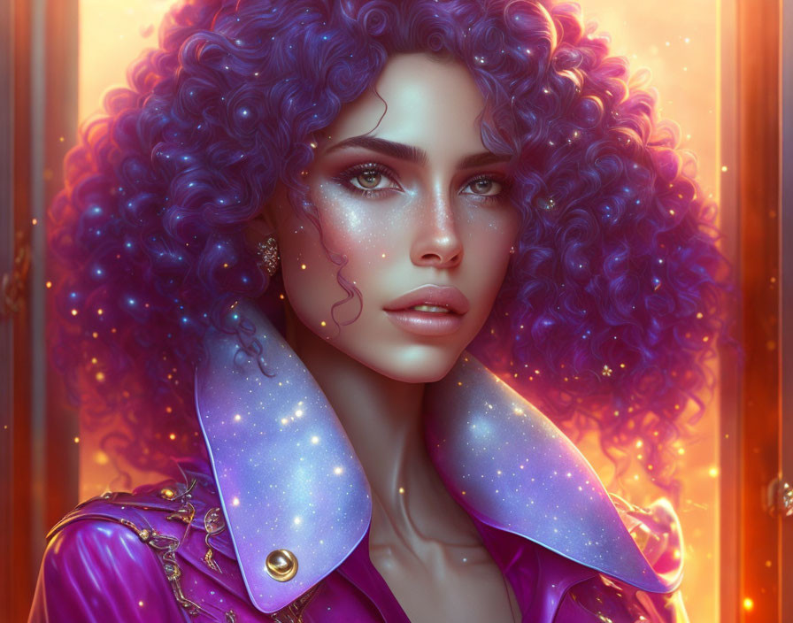 Vibrant digital portrait: Woman with curly blue hair, galaxy makeup, purple cosmic jacket