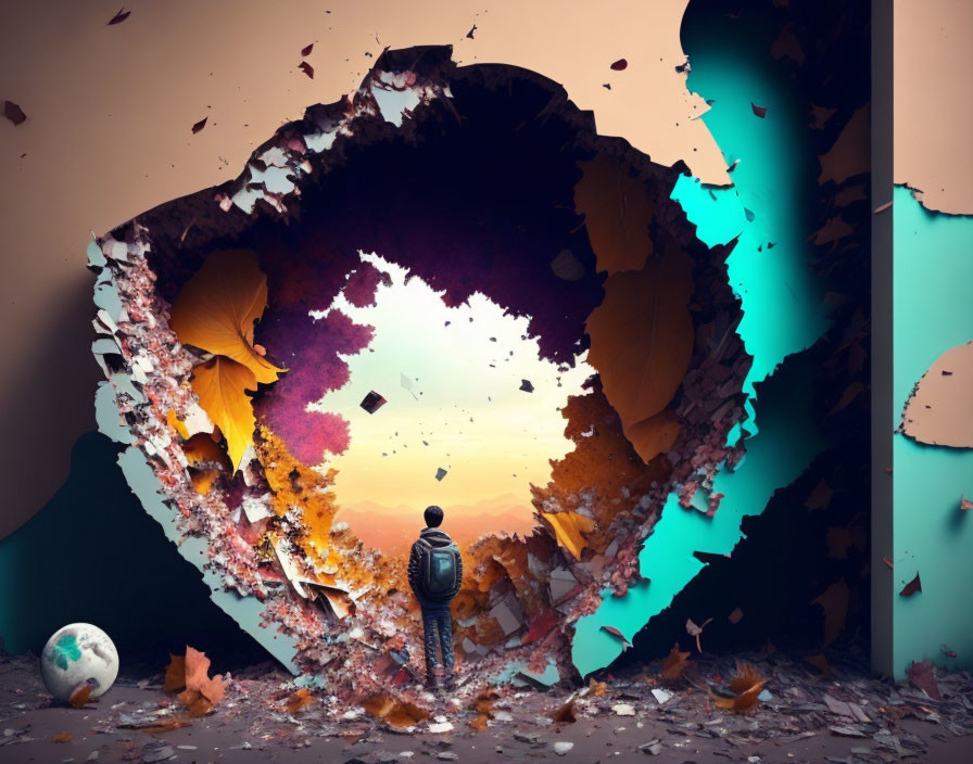 Person with backpack standing before heart-shaped hole in wall revealing sunset landscape with floating debris, leaves, indoor