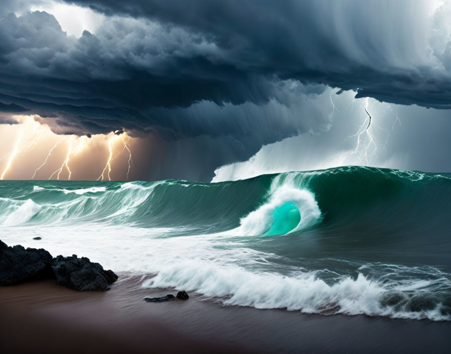 Stormy Ocean with Large Curling Waves and Lightning Strikes