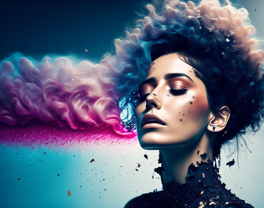 Colorful smoky effects in surreal portrait of woman