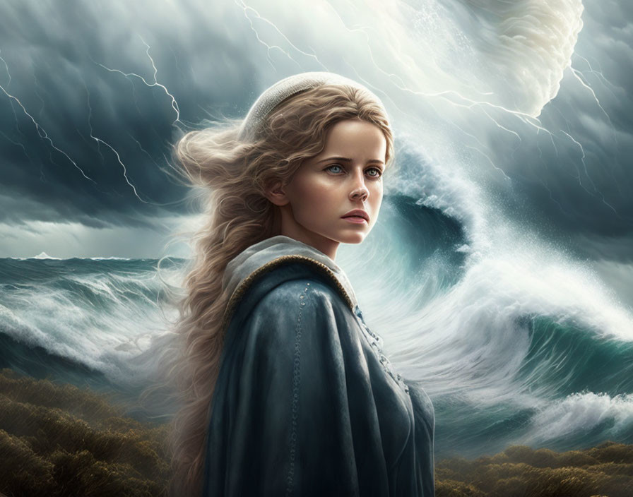 Blonde woman in cloak gazes pensively at stormy seas