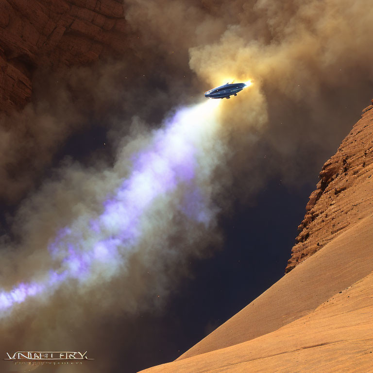 Spaceship ascending from rocky planet with blue and purple exhaust against cliffs and dark sky