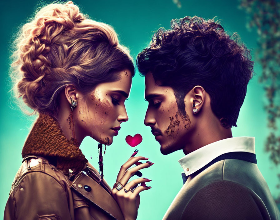 Stylized digital artwork of man and woman gazing with heart symbol