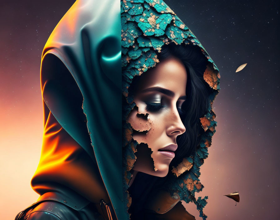 Digital artwork: Woman with cosmic texture face and vibrant cloak on starry background