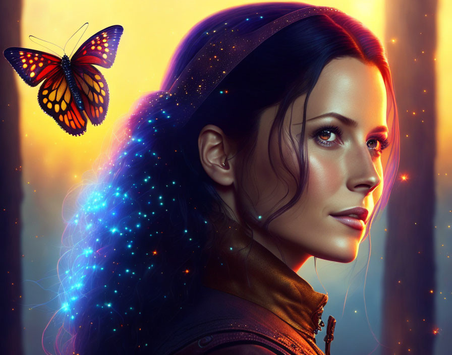 Digital artwork of woman with glowing skin and hair beside vibrant butterfly in enchanted forest.