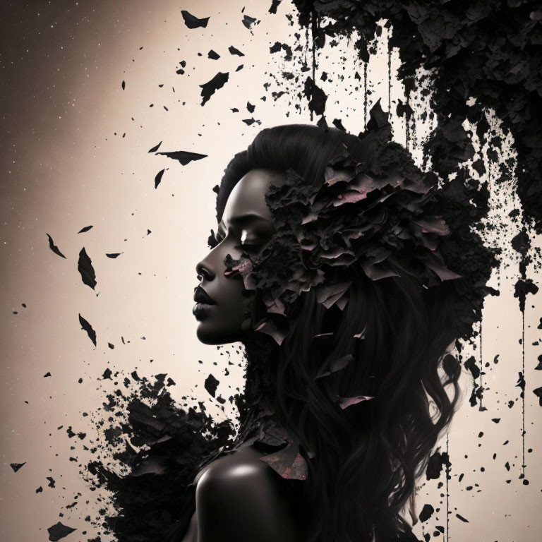 Portrait of Woman with Dark Hair Disintegrating into Leaf-Like Fragments