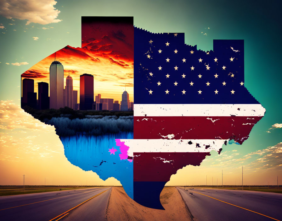 Texas State Silhouette with American Flag Overlay, City Skyline, Sunset, and Road.