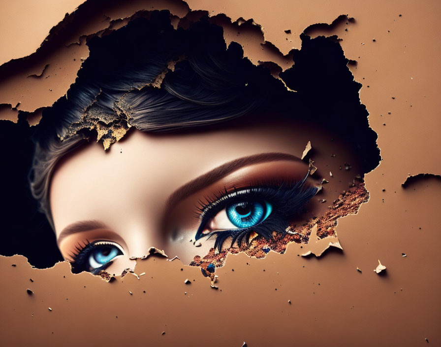 Woman's Blue Eyes and Eyebrow Through Torn Brown Surface