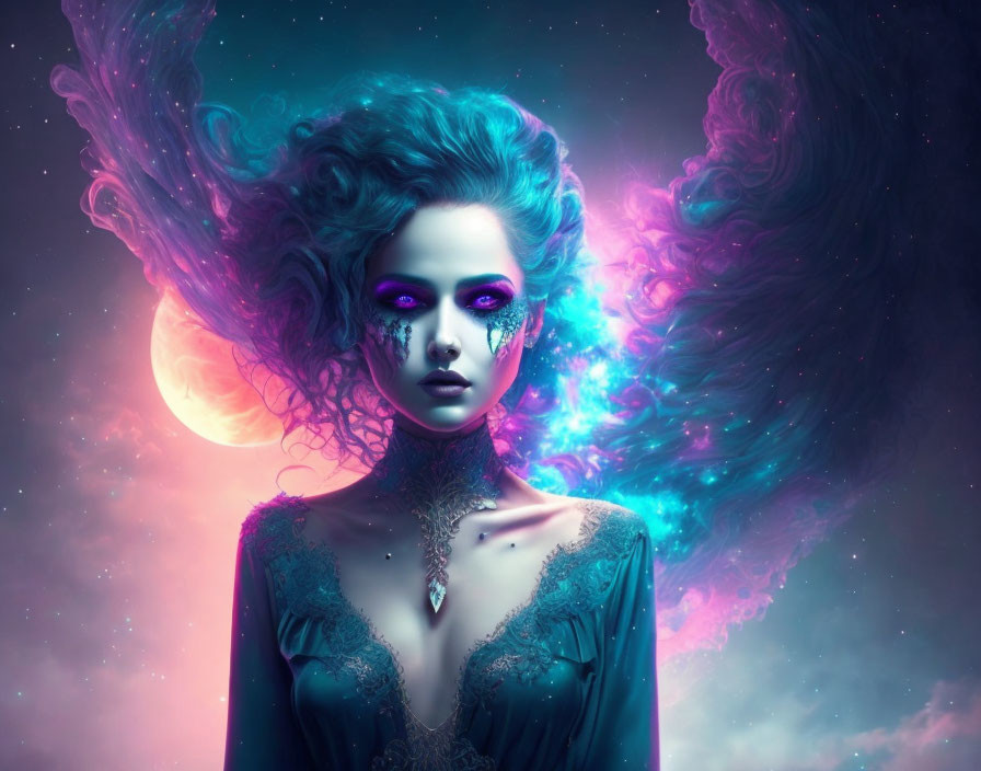 Vibrant digital artwork: woman with purple skin, cosmic hair, intricate makeup, against celestial background