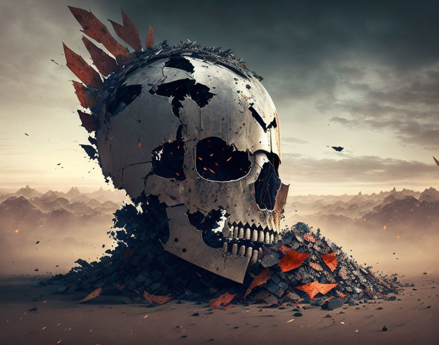 Gigantic metal skull with crown in ruins under dusk sky