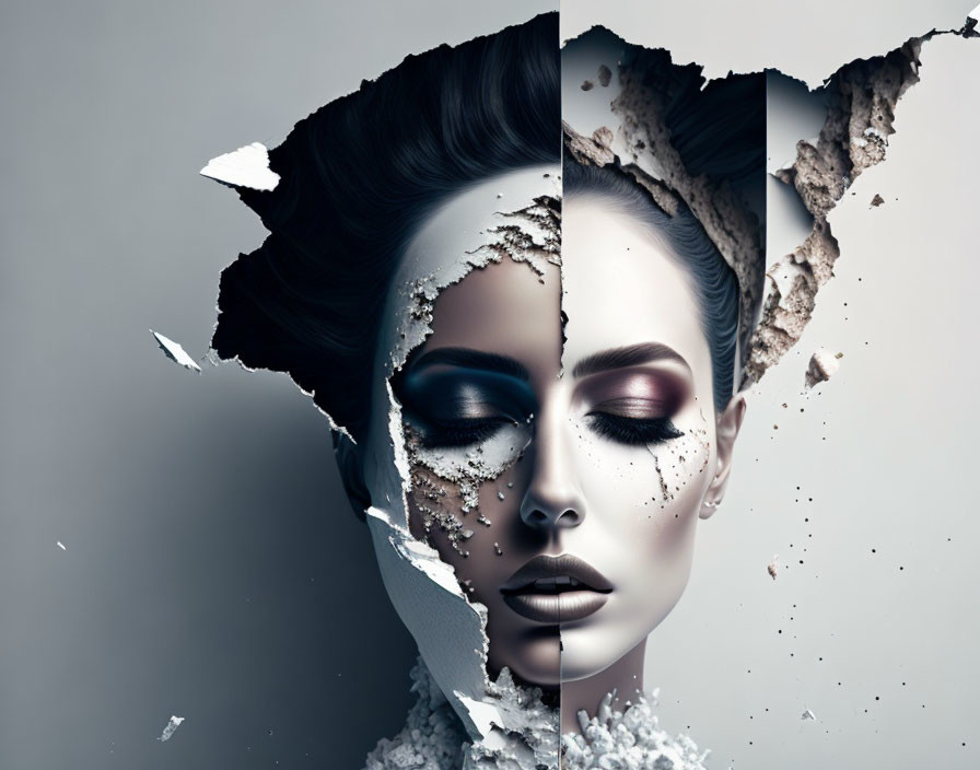 Conceptual image: Woman's face cracks open to reveal identical face with dark makeup