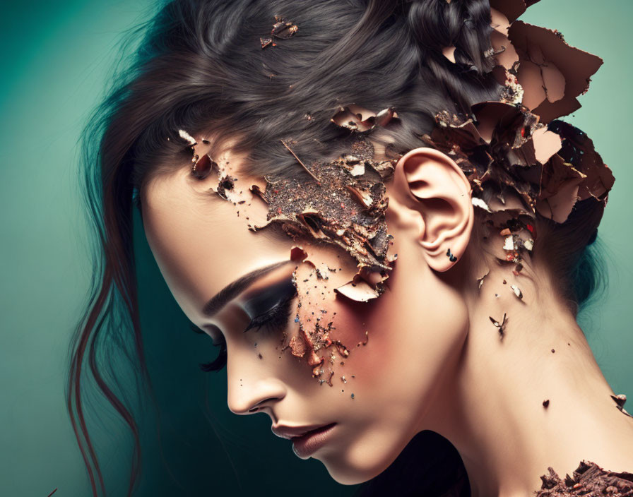 Woman's profile with artistic earth-toned makeup symbolizing nature